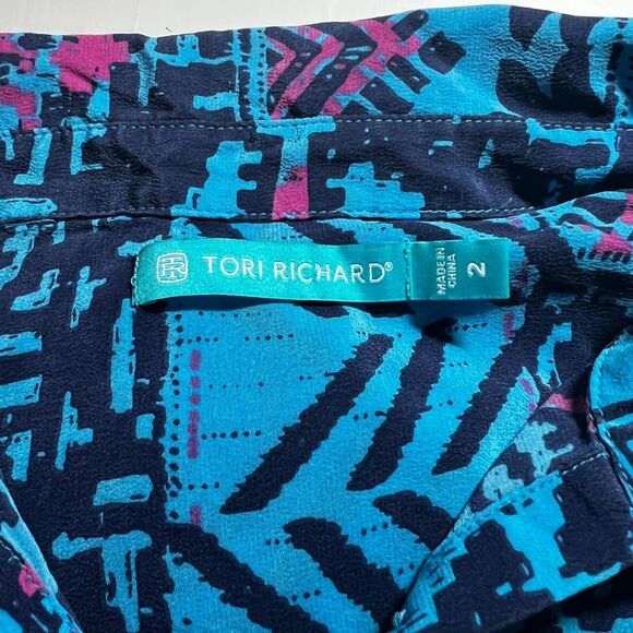Tori Richard Size 2 Silk Popover Dress Long Sleeve Geometric Blue Pink - Picture 9 of 10